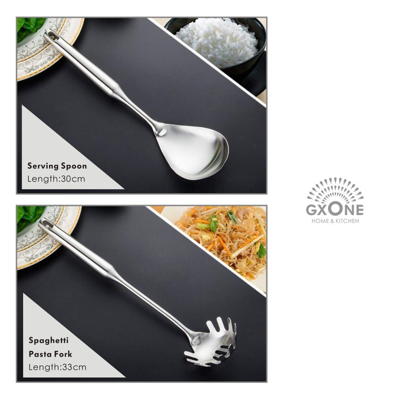 GXONE Kitchen Utensil Set â€“ 6 Piece Stainless Steel Cooking Utensils with Rotating Holder Organizer Includes Slotted Spoon, Slotted Spatula, Large Spoon, Soup Ladle, Spatula, Pasta Server Silver/7PCS - Image 3